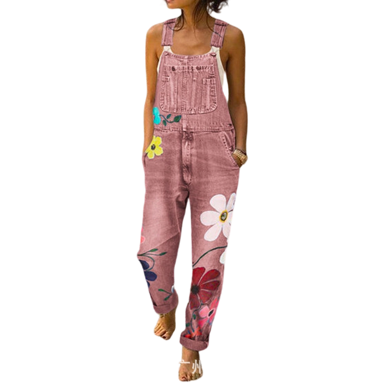Jeans-Latzhose für Damen mit Blumenmuster