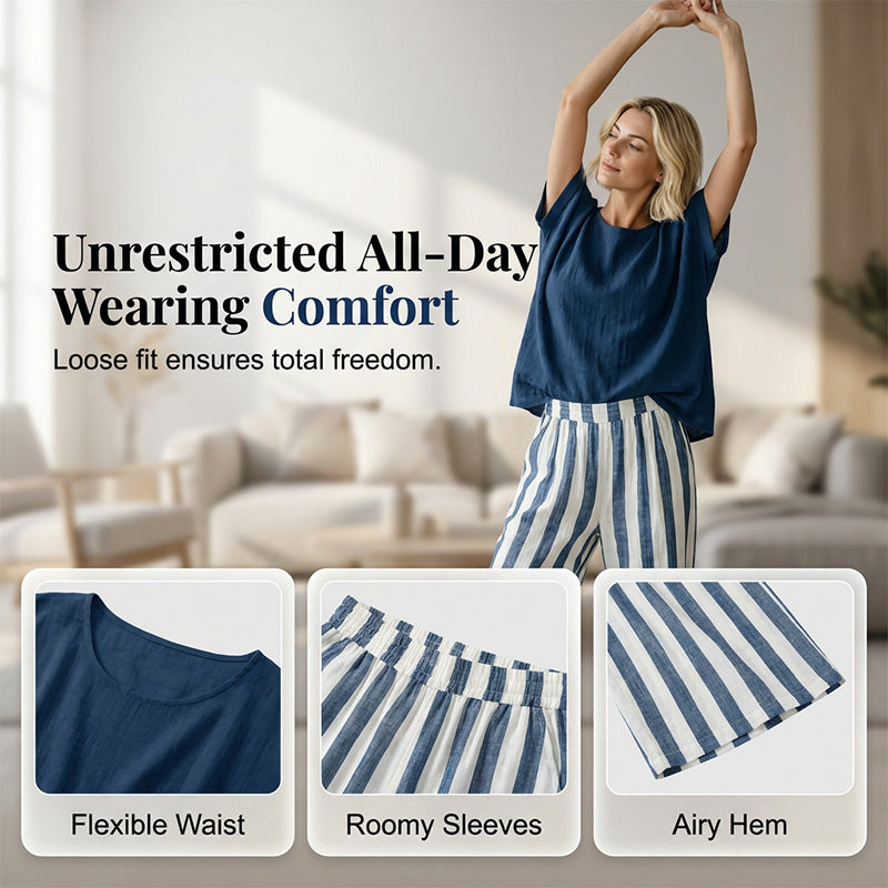 🌿 Lässiger Wochenend-Look – Ein einfarbiges Freizeit-Oberteil und eine gestreifte Hose mit weitem Bein, die Sie lieben werden👖👚