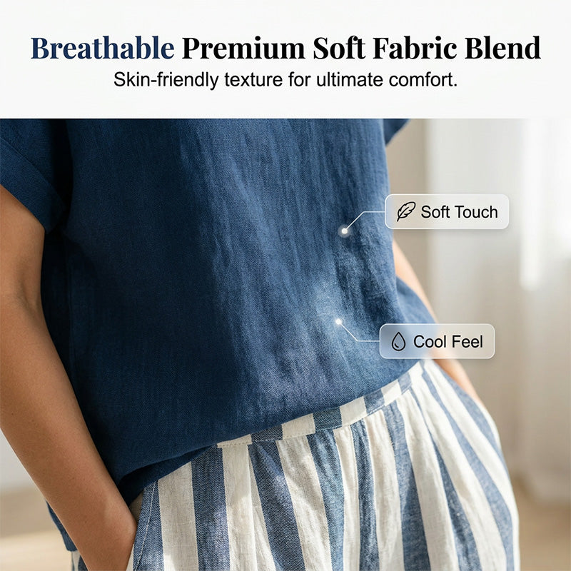 🌿 Lässiger Wochenend-Look – Ein einfarbiges Freizeit-Oberteil und eine gestreifte Hose mit weitem Bein, die Sie lieben werden👖👚