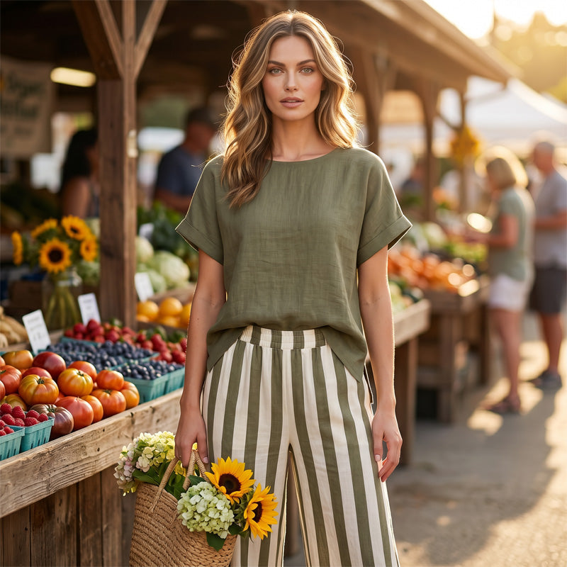 🌿 Lässiger Wochenend-Look – Ein einfarbiges Freizeit-Oberteil und eine gestreifte Hose mit weitem Bein, die Sie lieben werden👖👚