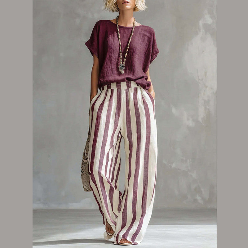 🌿 Lässiger Wochenend-Look – Ein einfarbiges Freizeit-Oberteil und eine gestreifte Hose mit weitem Bein, die Sie lieben werden👖👚