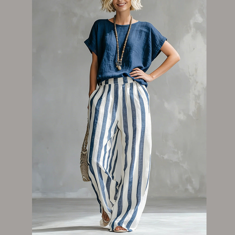 🌿 Lässiger Wochenend-Look – Ein einfarbiges Freizeit-Oberteil und eine gestreifte Hose mit weitem Bein, die Sie lieben werden👖👚