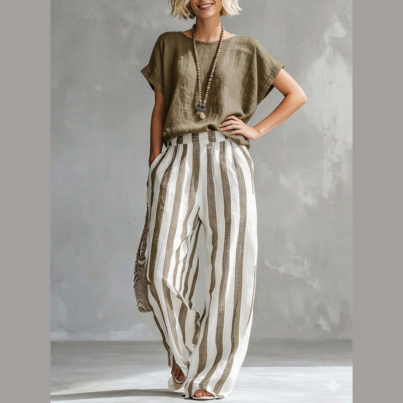 🌿 Lässiger Wochenend-Look – Ein einfarbiges Freizeit-Oberteil und eine gestreifte Hose mit weitem Bein, die Sie lieben werden👖👚