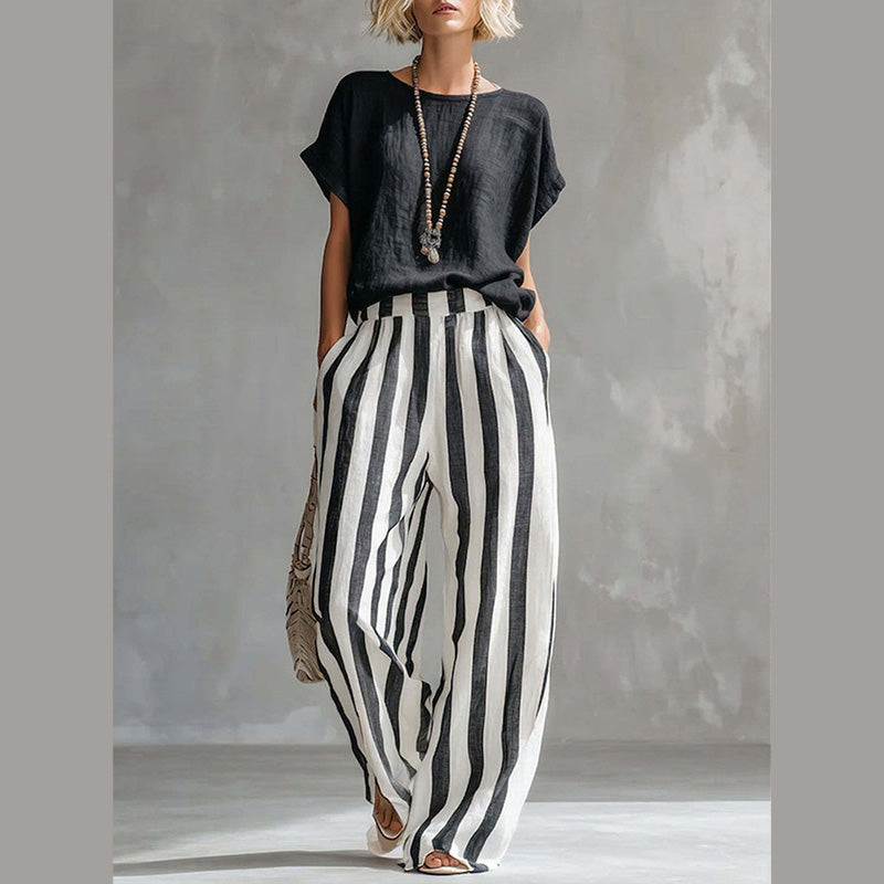 🌿 Lässiger Wochenend-Look – Ein einfarbiges Freizeit-Oberteil und eine gestreifte Hose mit weitem Bein, die Sie lieben werden👖👚