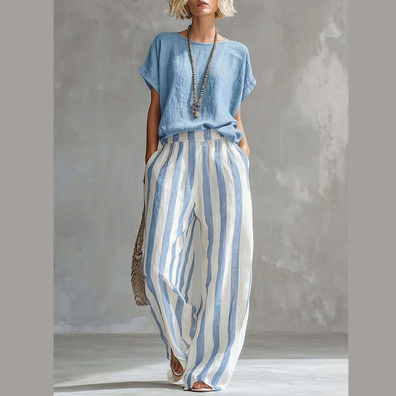 🌿 Lässiger Wochenend-Look – Ein einfarbiges Freizeit-Oberteil und eine gestreifte Hose mit weitem Bein, die Sie lieben werden👖👚