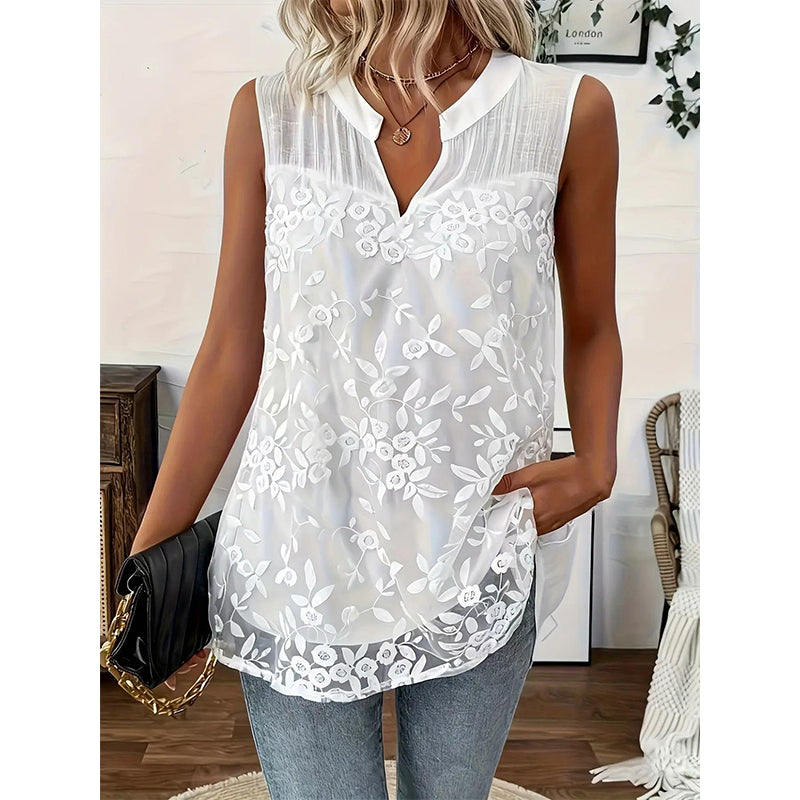 👚 50% RABATT! 🌸 Schickes ärmelloses Damenhemd mit Blumenmuster und Spitze – Feminin, luftig & vielseitig – perfekt für heiße Tage, Büro oder einen romantischen Look ✨