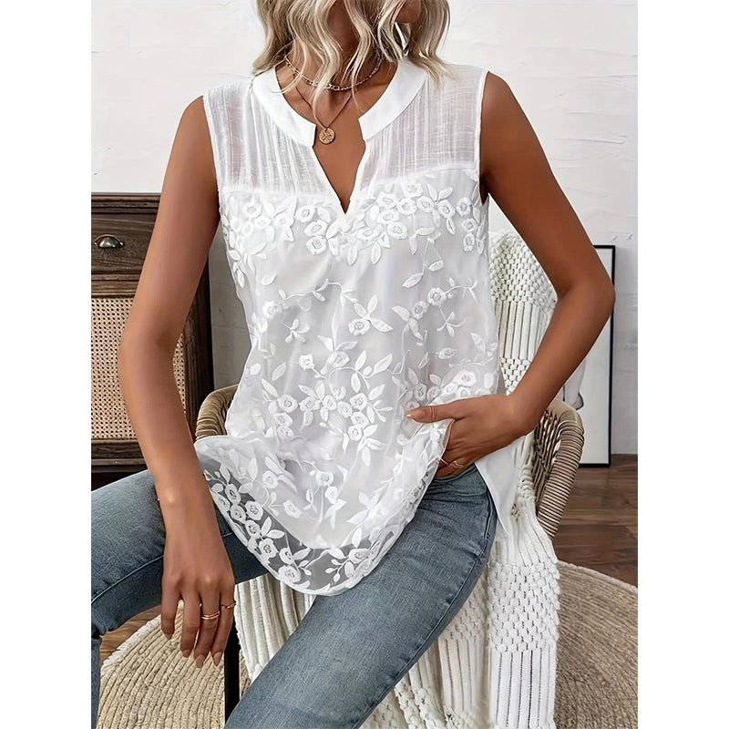 👚 50% RABATT! 🌸 Schickes ärmelloses Damenhemd mit Blumenmuster und Spitze – Feminin, luftig & vielseitig – perfekt für heiße Tage, Büro oder einen romantischen Look ✨