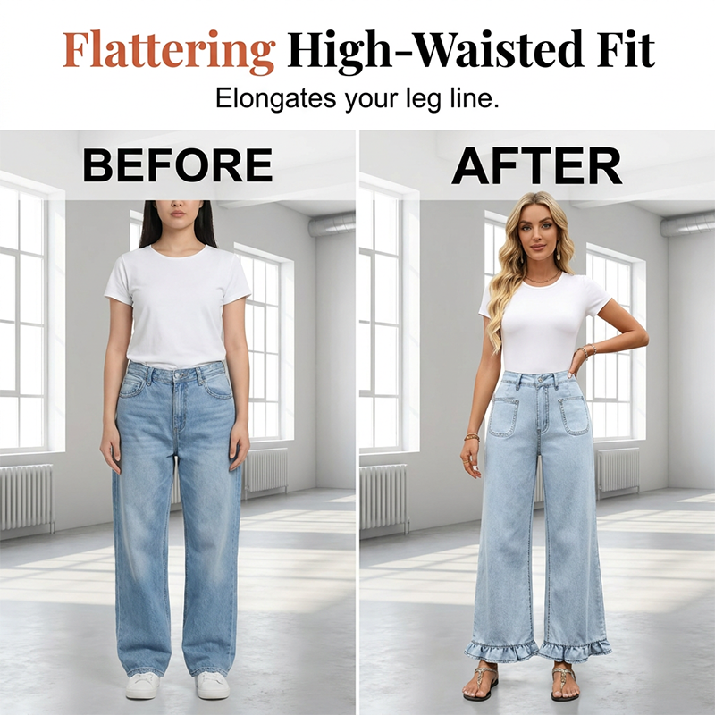 👖✨ Weite Jeans mit Volantkante und hoher Taille