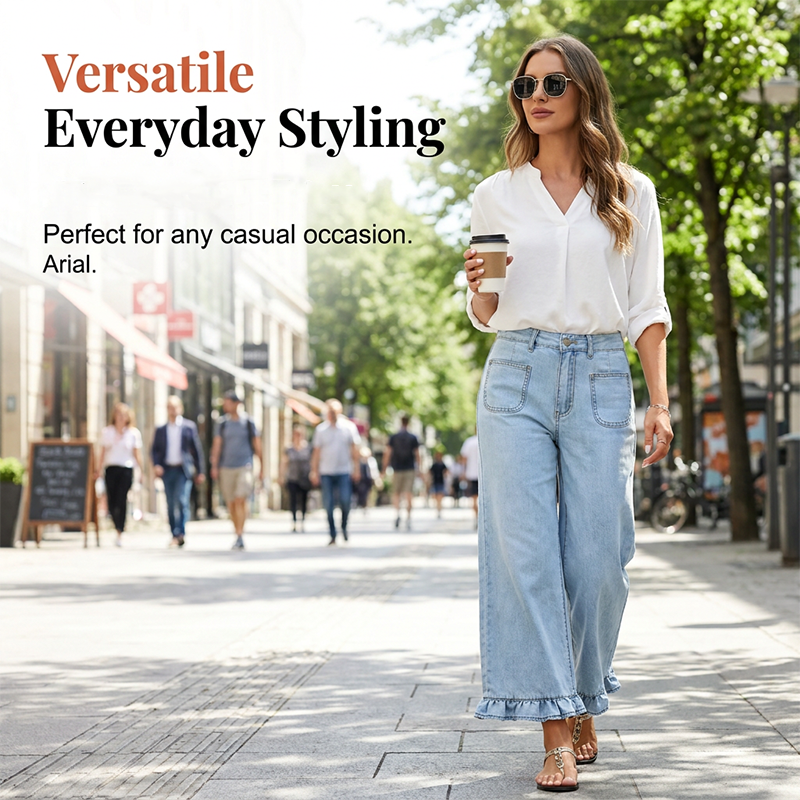 👖✨ Weite Jeans mit Volantkante und hoher Taille