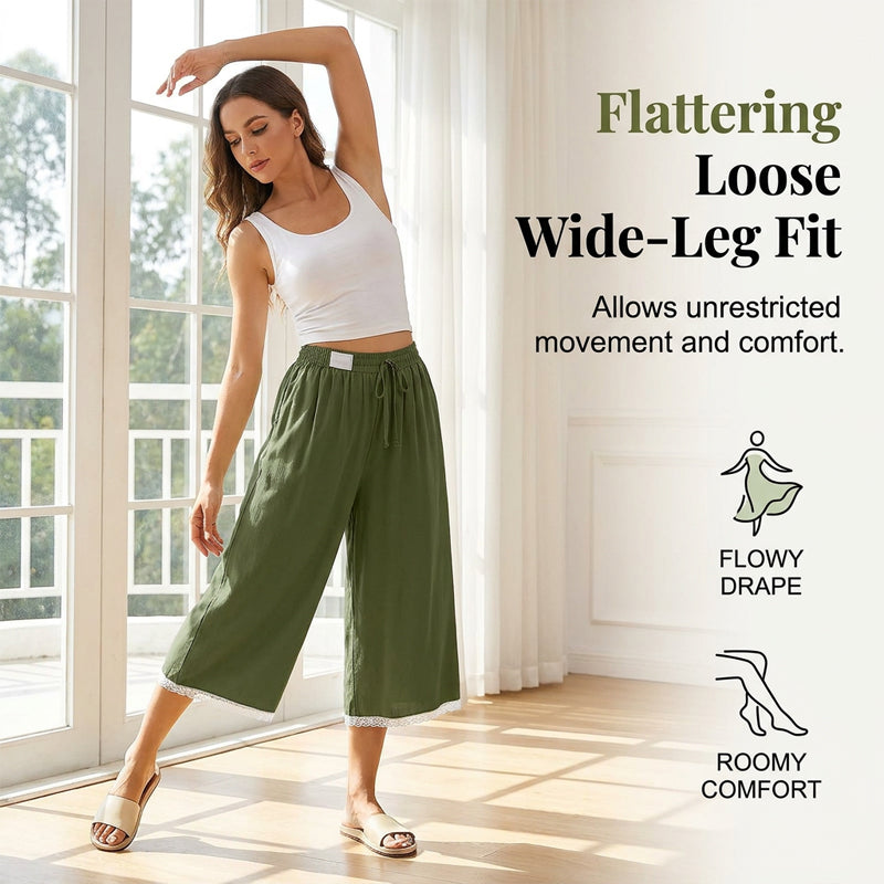💃 Weit geschnittene Capri-Hosen mit Spitzenrand, pflegeleicht & feminin