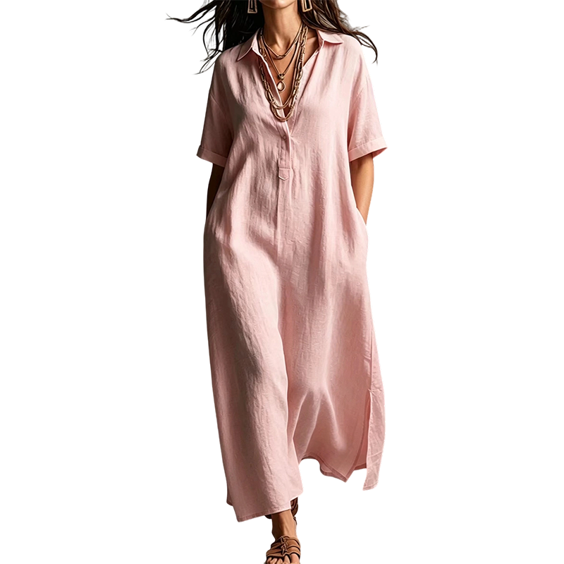 Damen elegantes Baumwoll-Leinen Kurzarm-Reverskleid
