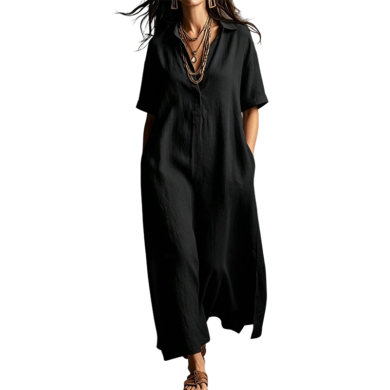 Damen elegantes Baumwoll-Leinen Kurzarm-Reverskleid