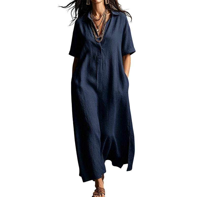 Damen elegantes Baumwoll-Leinen Kurzarm-Reverskleid