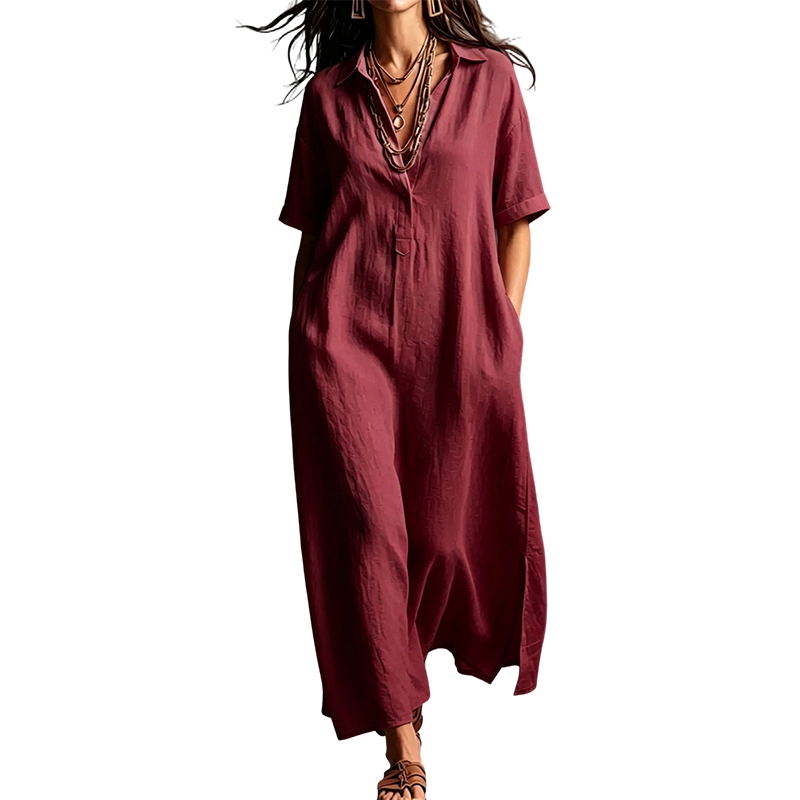 Damen elegantes Baumwoll-Leinen Kurzarm-Reverskleid