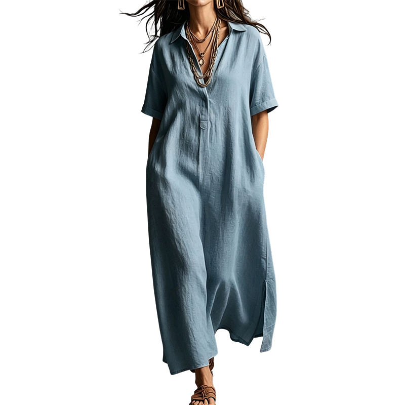 Damen elegantes Baumwoll-Leinen Kurzarm-Reverskleid