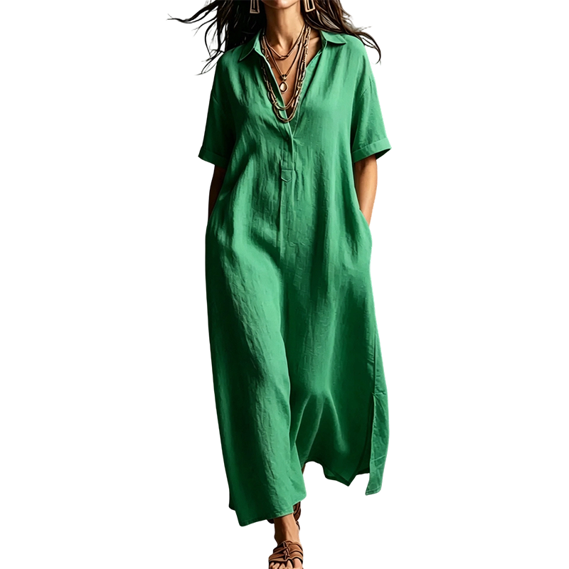 Damen elegantes Baumwoll-Leinen Kurzarm-Reverskleid