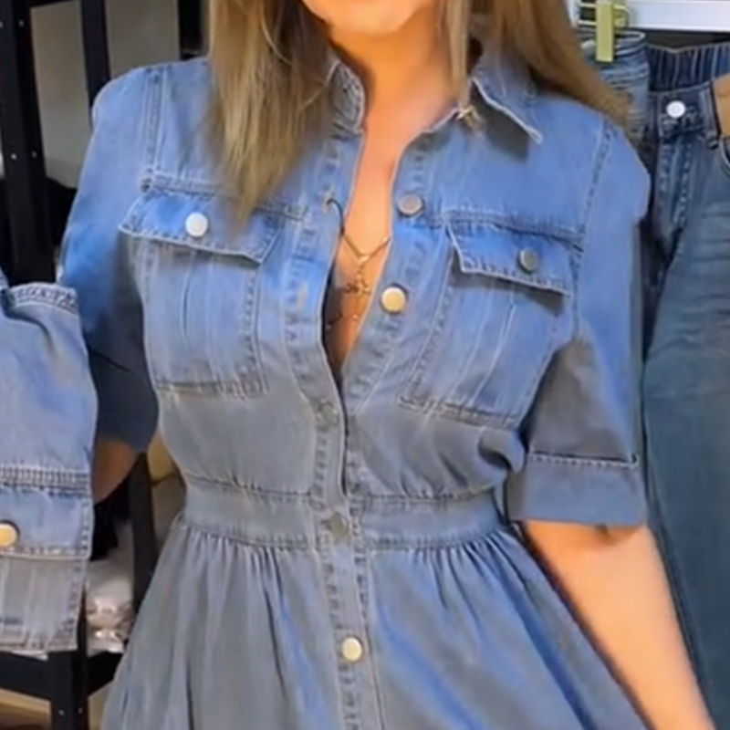 Women's Blue Slim-Fit Collared Button-Up Denim Dress