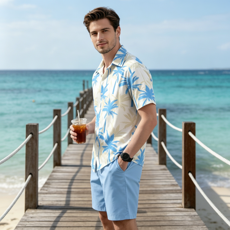 Herren Tropendruck Hemd & Shorts Set