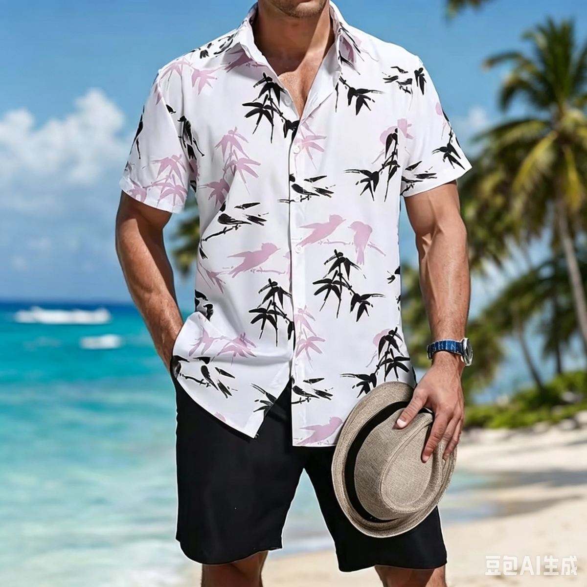 Herren Tropendruck Hemd & Shorts Set