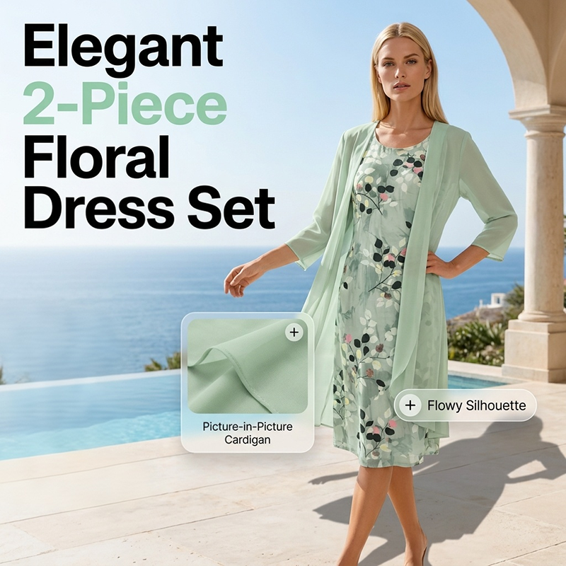 Elegantes 2-teiliges Set aus Chiffonkleid und Strickjacke für Damen