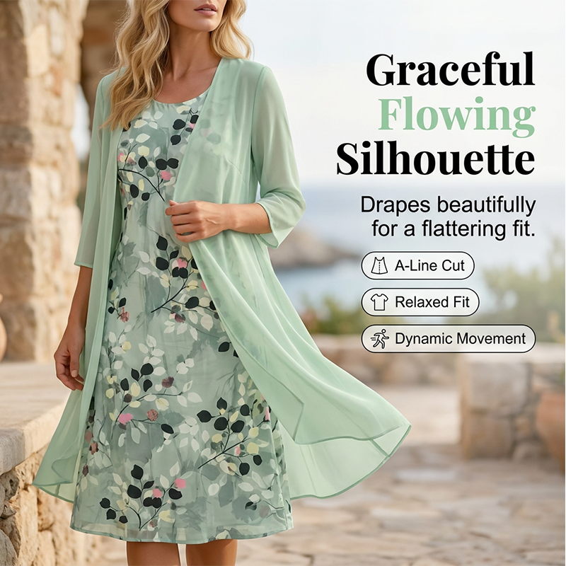 Elegantes 2-teiliges Set aus Chiffonkleid und Strickjacke für Damen
