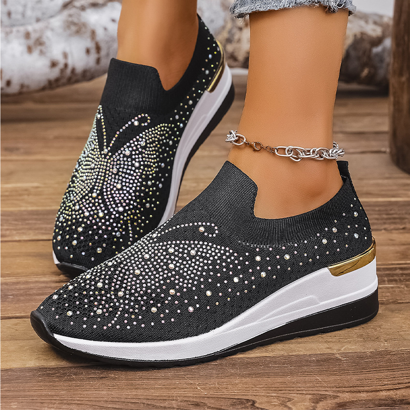 Damen-Slip-On-Sneaker mit Strasssteinen und Schmetterlingsmotiv