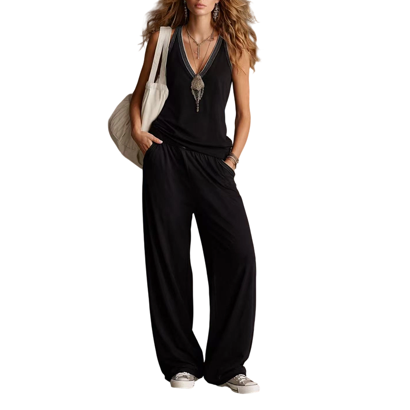 Damen-Set mit ärmellosem V-Ausschnitt-Top und weiter Hose
