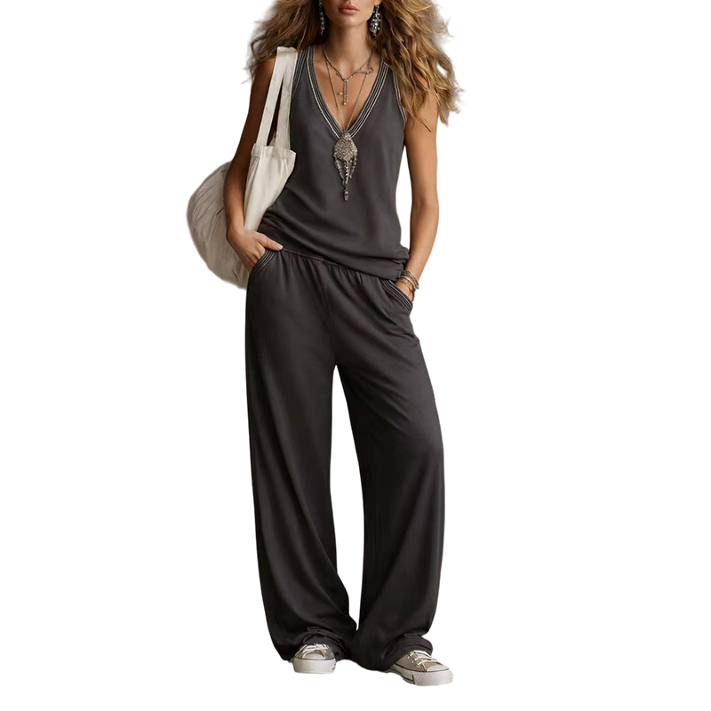 Damen-Set mit ärmellosem V-Ausschnitt-Top und weiter Hose