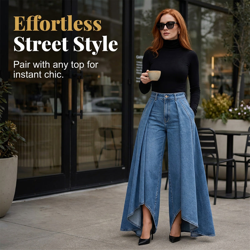 Damen Hochtaillierte Weitbein-Jeans mit High-Low-Saum