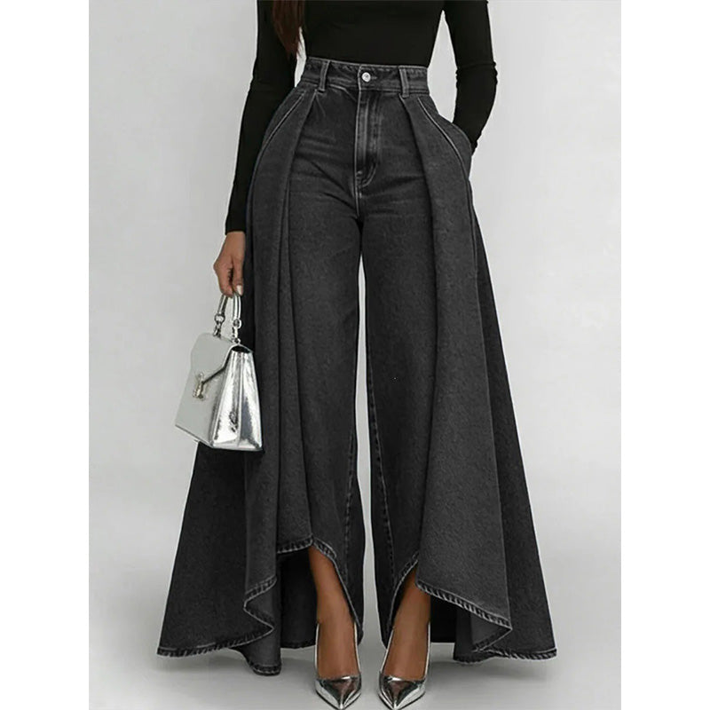 Damen Hochtaillierte Weitbein-Jeans mit High-Low-Saum