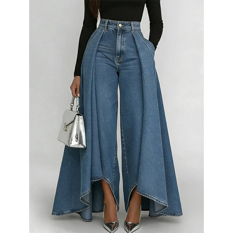 Damen Hochtaillierte Weitbein-Jeans mit High-Low-Saum