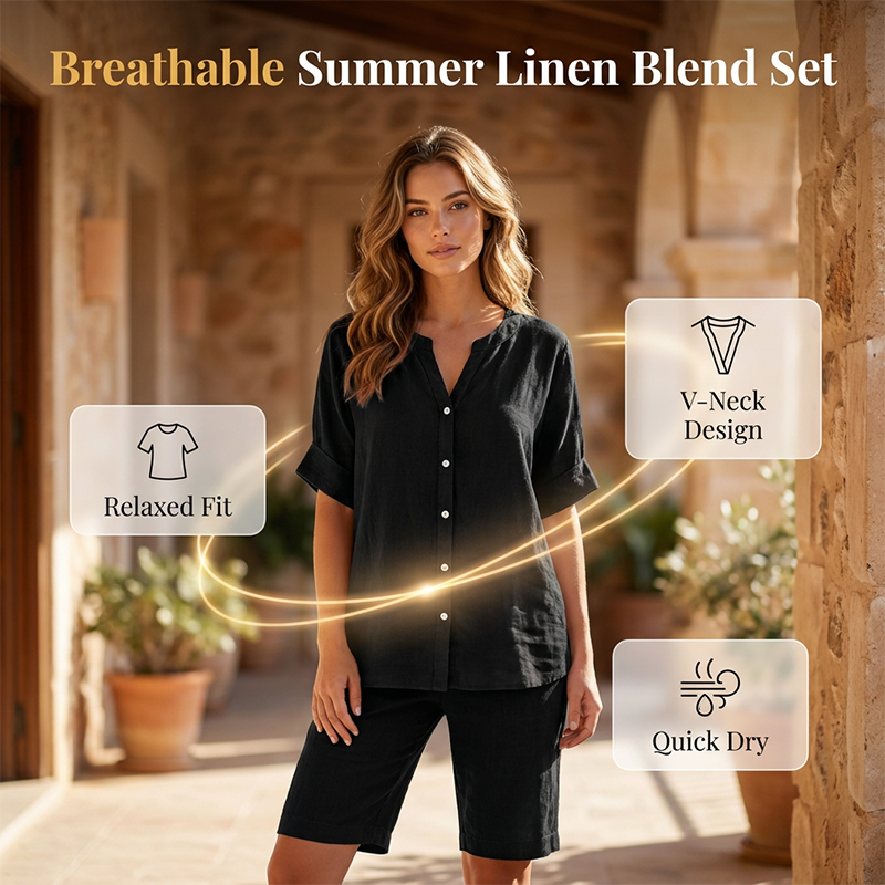 Damen Leinen V-Ausschnitt Hemd & Shorts Set