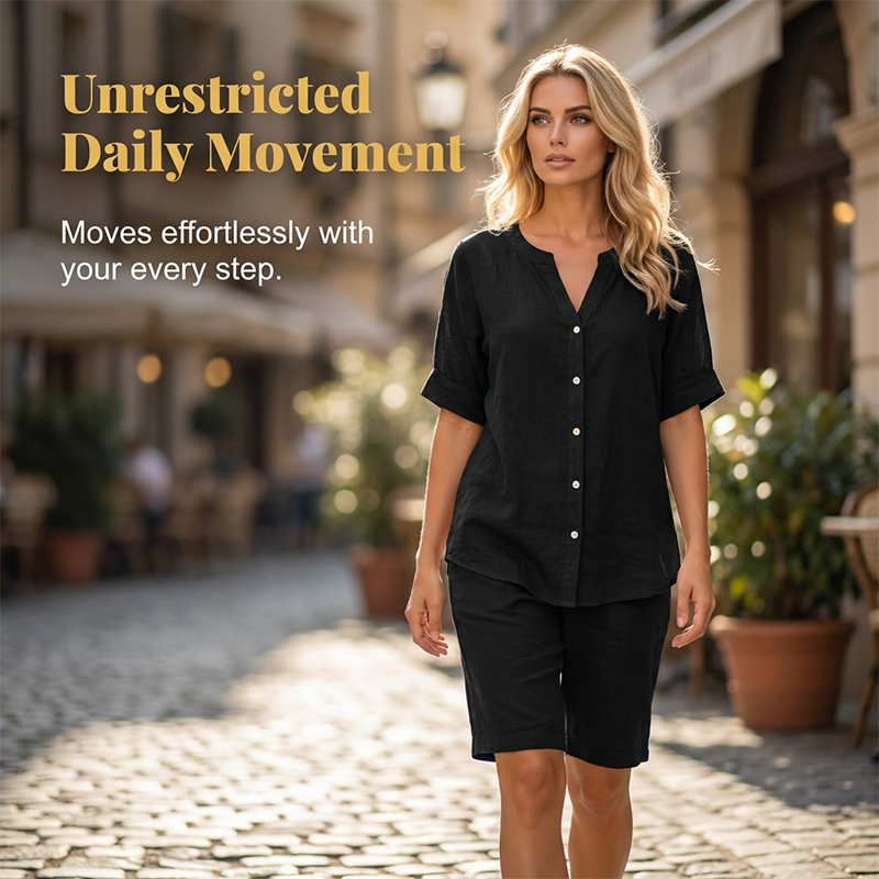 Damen Leinen V-Ausschnitt Hemd & Shorts Set