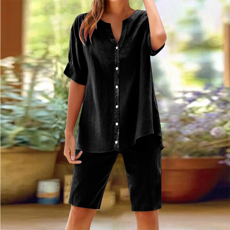 Damen Leinen V-Ausschnitt Hemd & Shorts Set