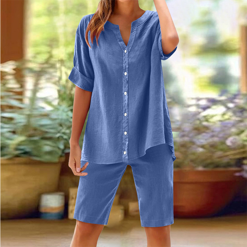 Damen Leinen V-Ausschnitt Hemd & Shorts Set