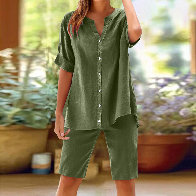 Damen Leinen V-Ausschnitt Hemd & Shorts Set