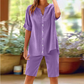 Damen Leinen V-Ausschnitt Hemd & Shorts Set