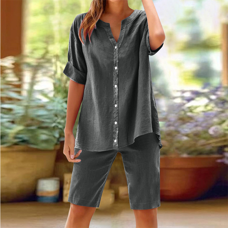 Damen Leinen V-Ausschnitt Hemd & Shorts Set