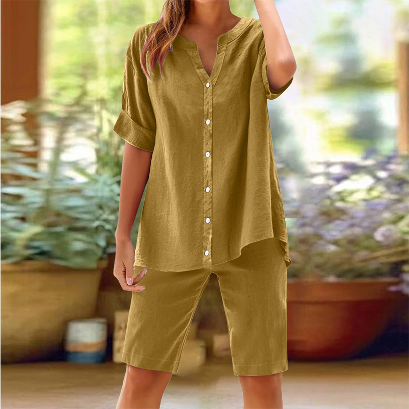 Damen Leinen V-Ausschnitt Hemd & Shorts Set