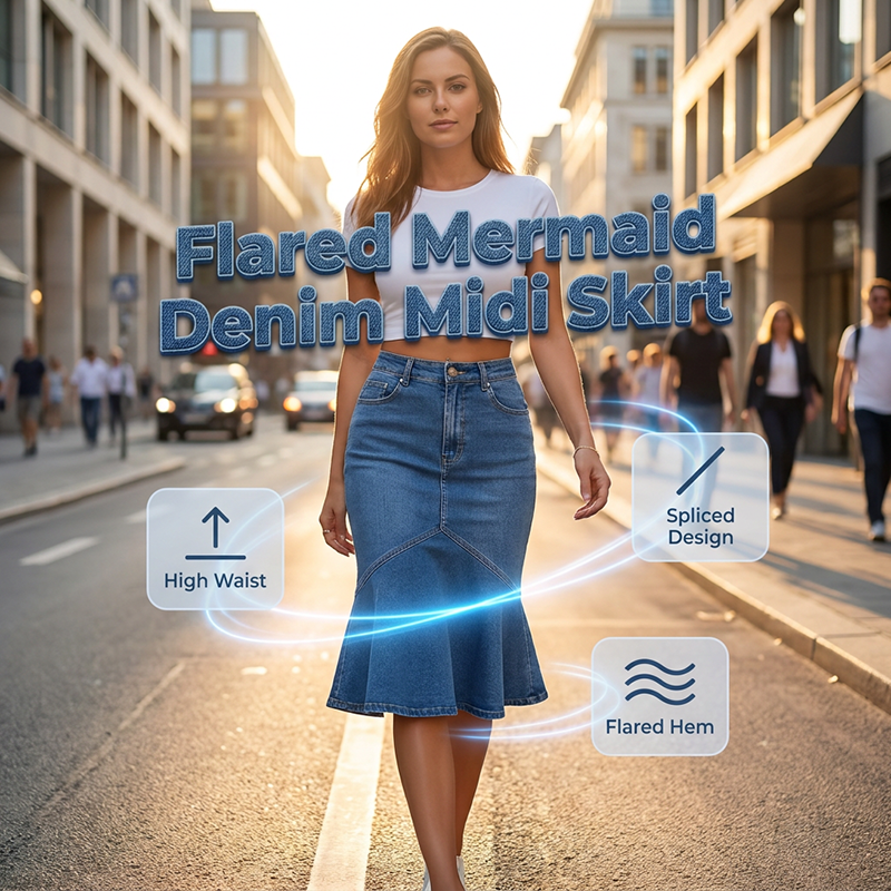 Ausgestellter Midi-Rock aus Denim im Meerjungfrauen-Stil
