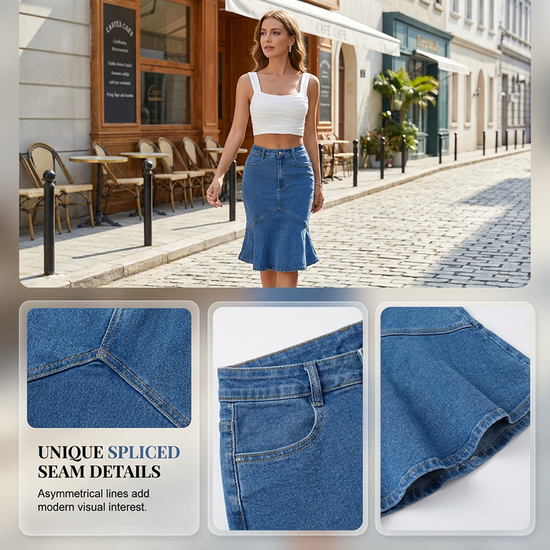 Ausgestellter Midi-Rock aus Denim im Meerjungfrauen-Stil