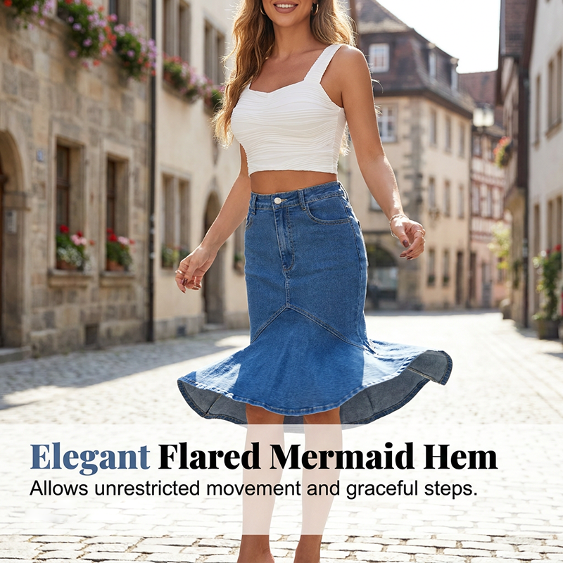 Ausgestellter Midi-Rock aus Denim im Meerjungfrauen-Stil
