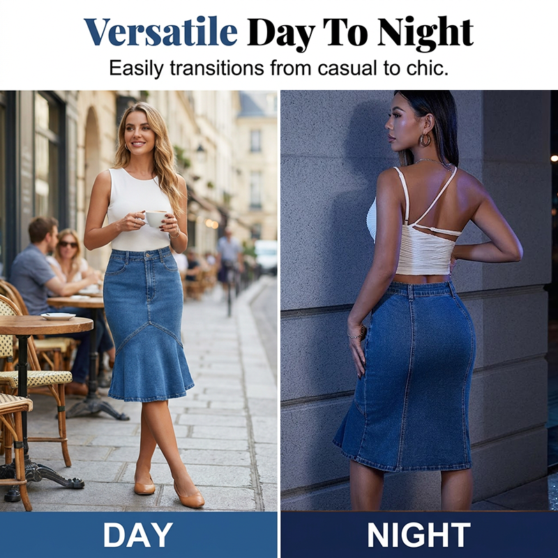 Ausgestellter Midi-Rock aus Denim im Meerjungfrauen-Stil