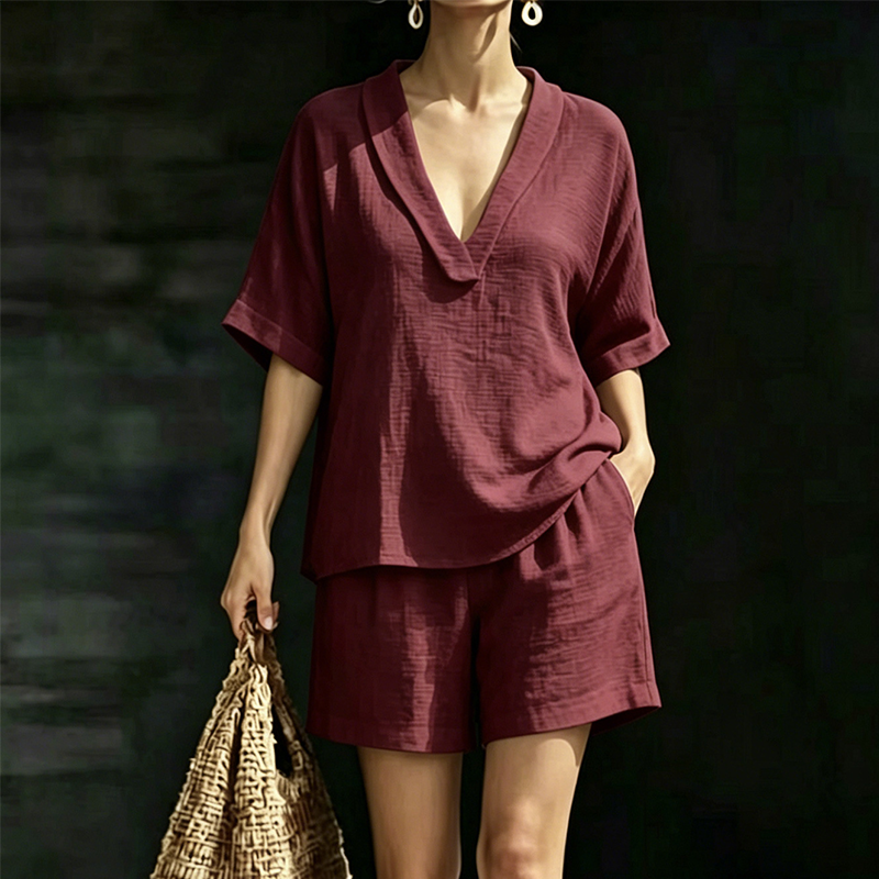 Damen V-Ausschnitt Oberteil & Shorts 2-teiliges Set