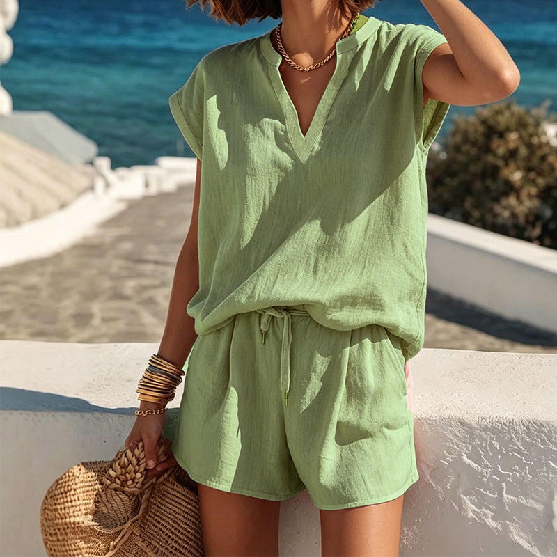 Damen lässiges V-Ausschnitt Oberteil & Shorts Set