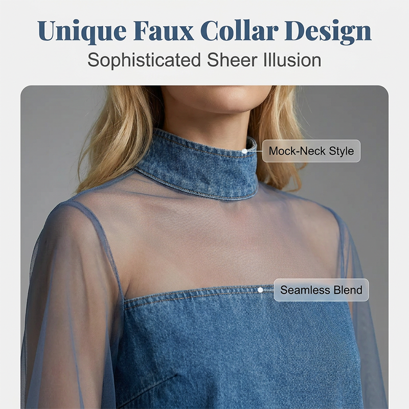 👗 Lantern Sleeve Faux Collar Denim Skirt – femininer Look mit Fake-Kragen, weiten Ärmeln & figurschmeichelndem Denim-Schnitt