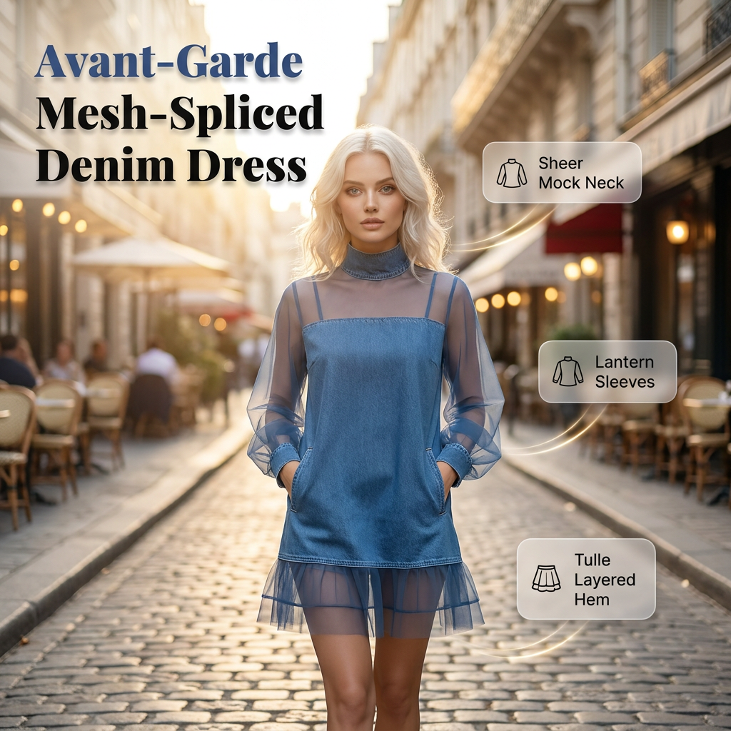 👗 Lantern Sleeve Faux Collar Denim Skirt – femininer Look mit Fake-Kragen, weiten Ärmeln & figurschmeichelndem Denim-Schnitt