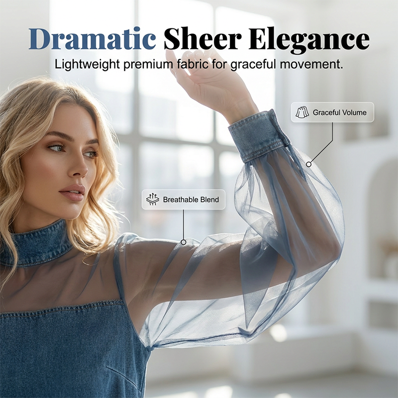 👗 Lantern Sleeve Faux Collar Denim Skirt – femininer Look mit Fake-Kragen, weiten Ärmeln & figurschmeichelndem Denim-Schnitt