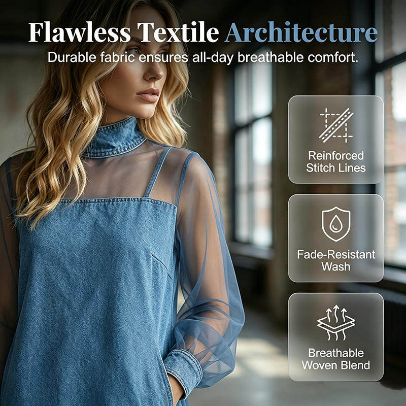 👗 Lantern Sleeve Faux Collar Denim Skirt – femininer Look mit Fake-Kragen, weiten Ärmeln & figurschmeichelndem Denim-Schnitt