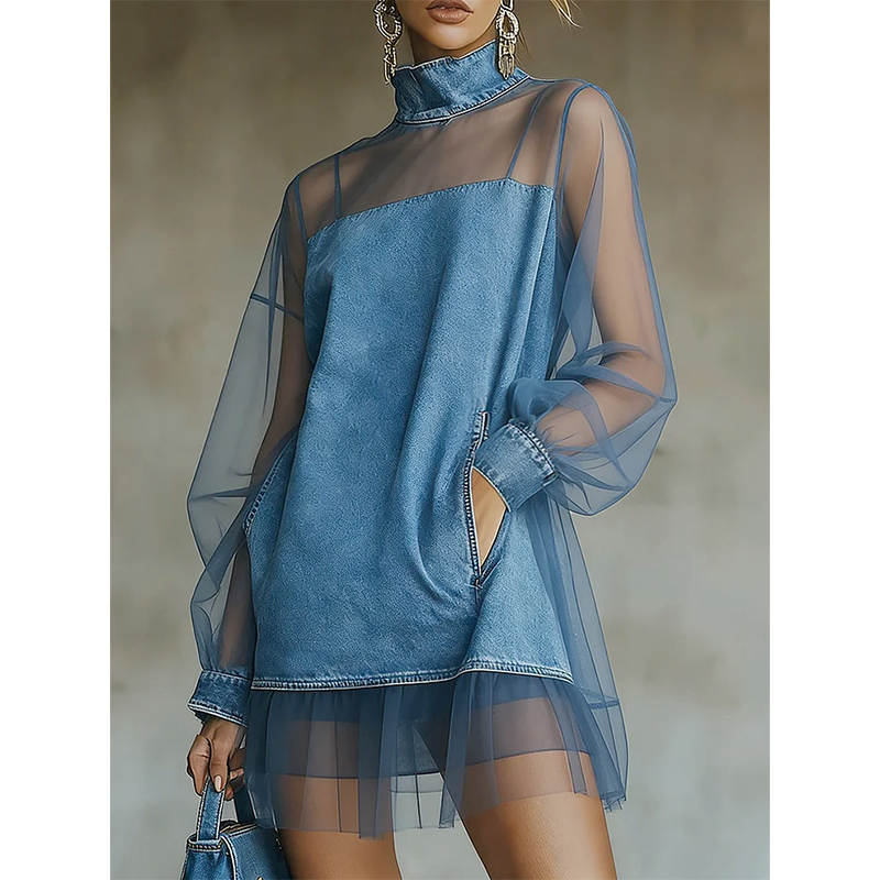 👗 Lantern Sleeve Faux Collar Denim Skirt – femininer Look mit Fake-Kragen, weiten Ärmeln & figurschmeichelndem Denim-Schnitt